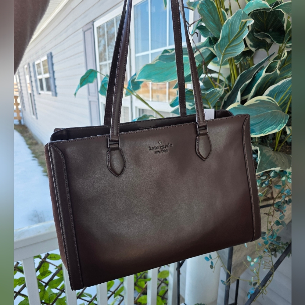 NWT Kate Spade Madison Suede Large Laptop Tote KM661 Hot FUDGE Brown LEATHER